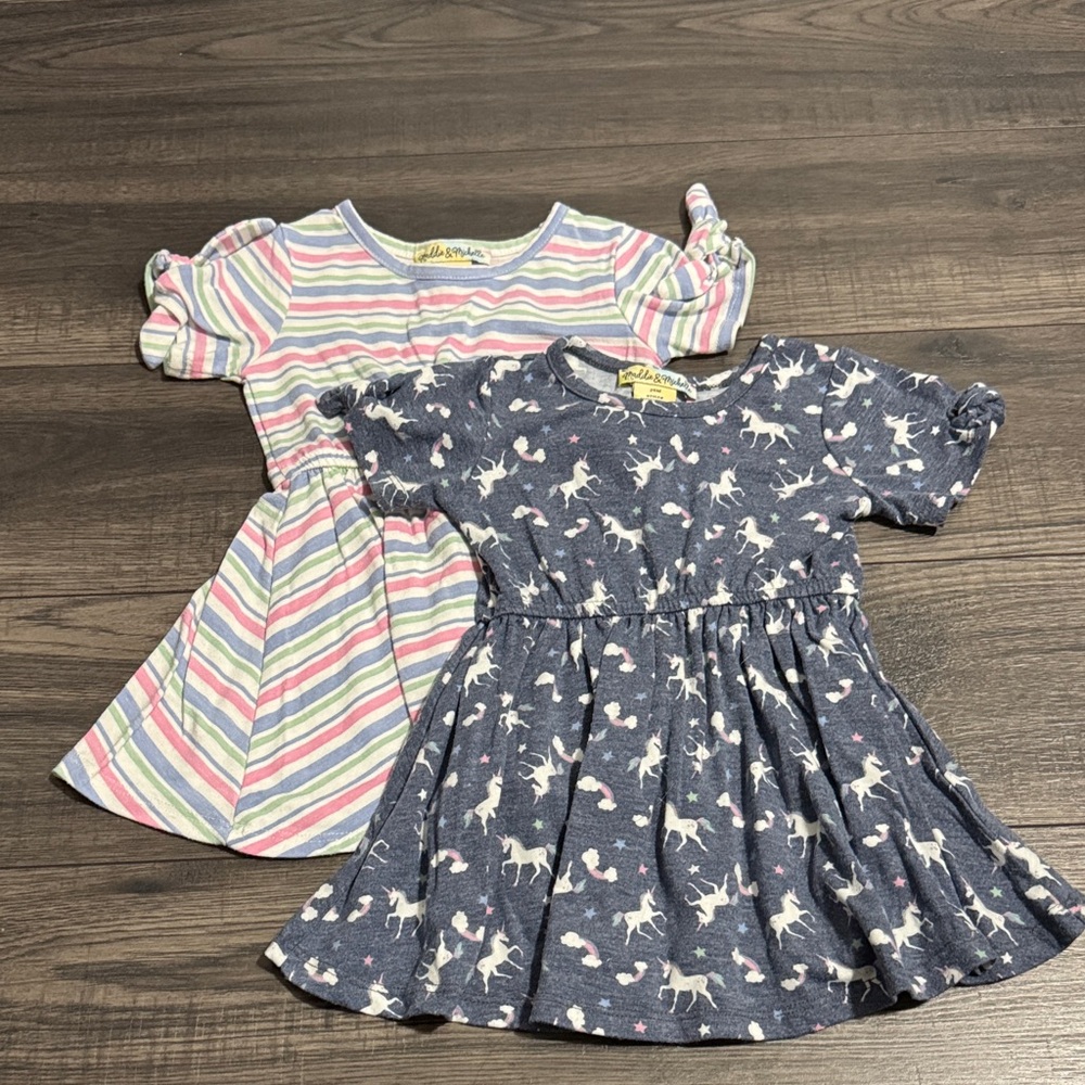 Maddie & Michelle Dresses - Striped Multicolor and Navy Unicorn